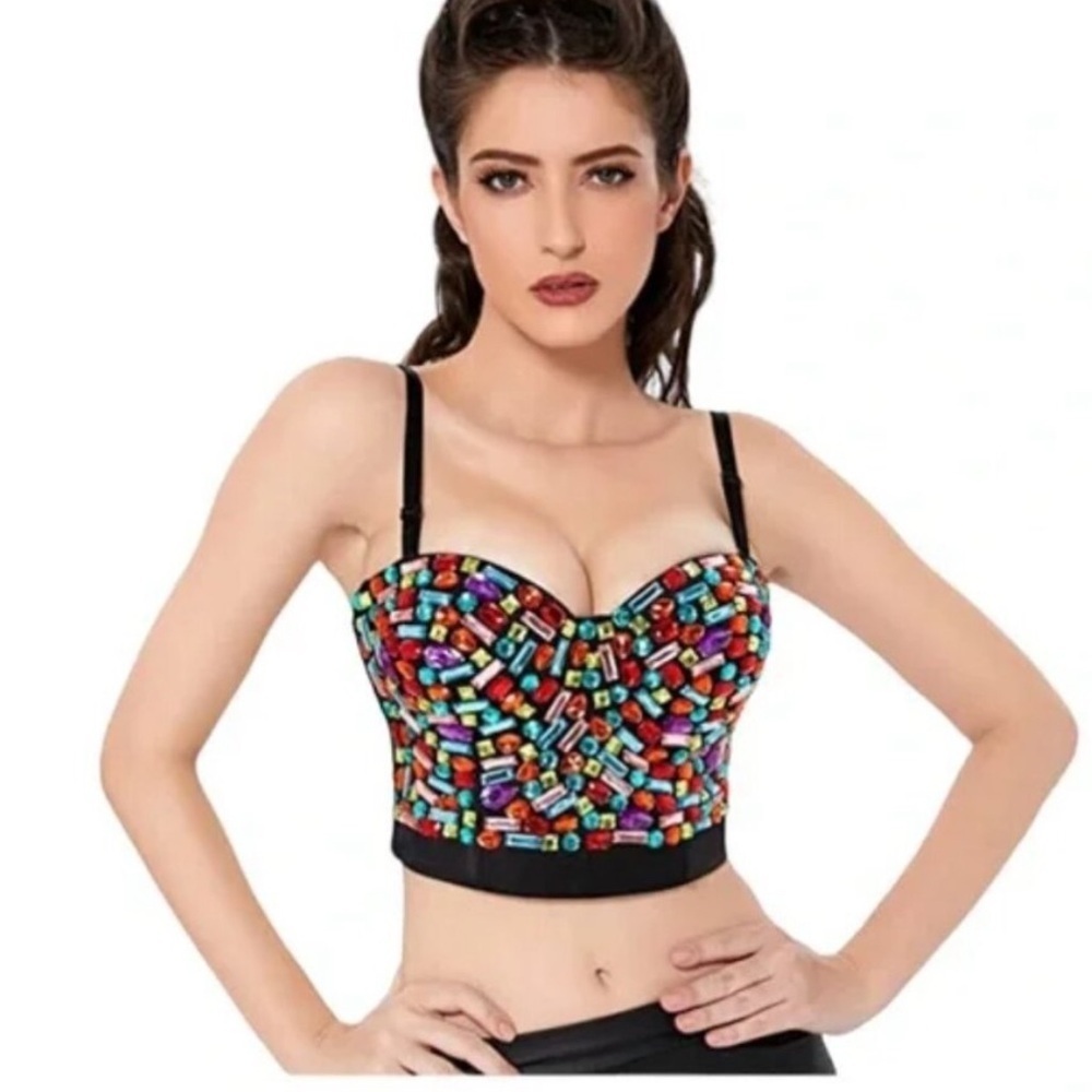 Black Multi Jewel Embellished Corset Bustier Clubwwar Crop Top Size L